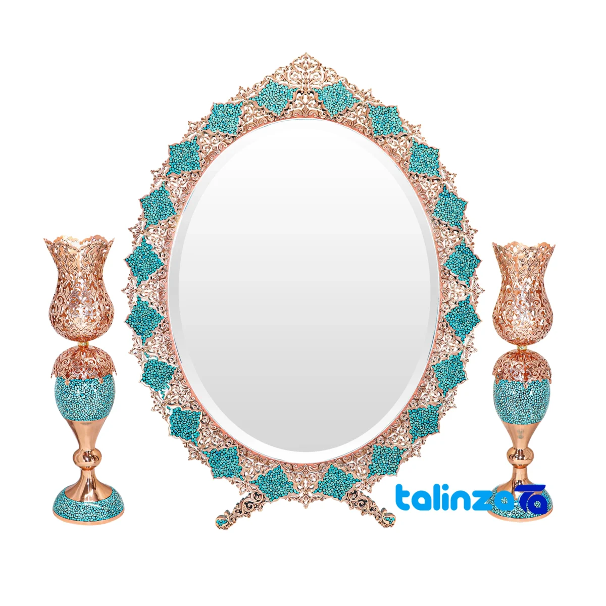 turquoise inlaid mirror candleholder set - Front view design and key details