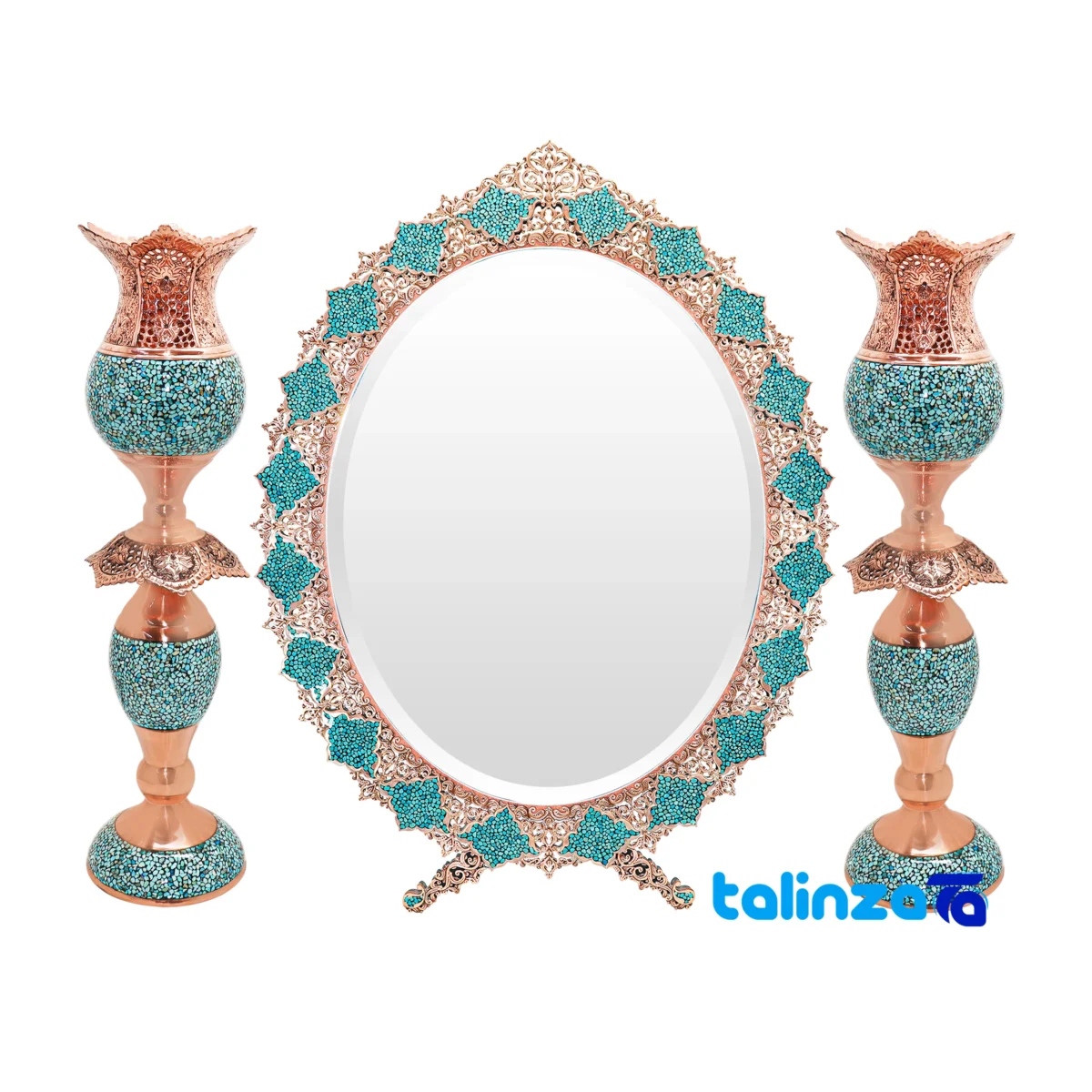 turquoise inlaid mirror candle holder set - Front view design and key details