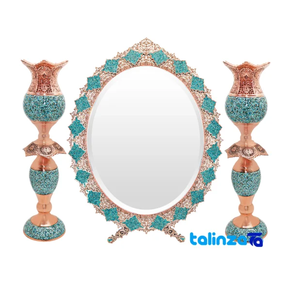 turquoise inlaid mirror candle holder set - Front view design and key details