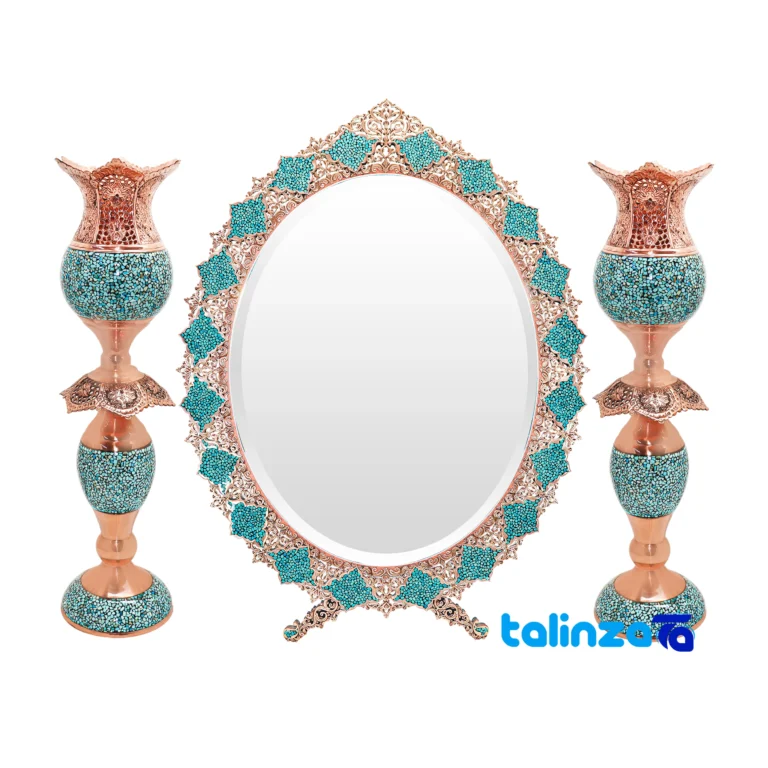 turquoise inlaid mirror candle holder set - Front view design and key details