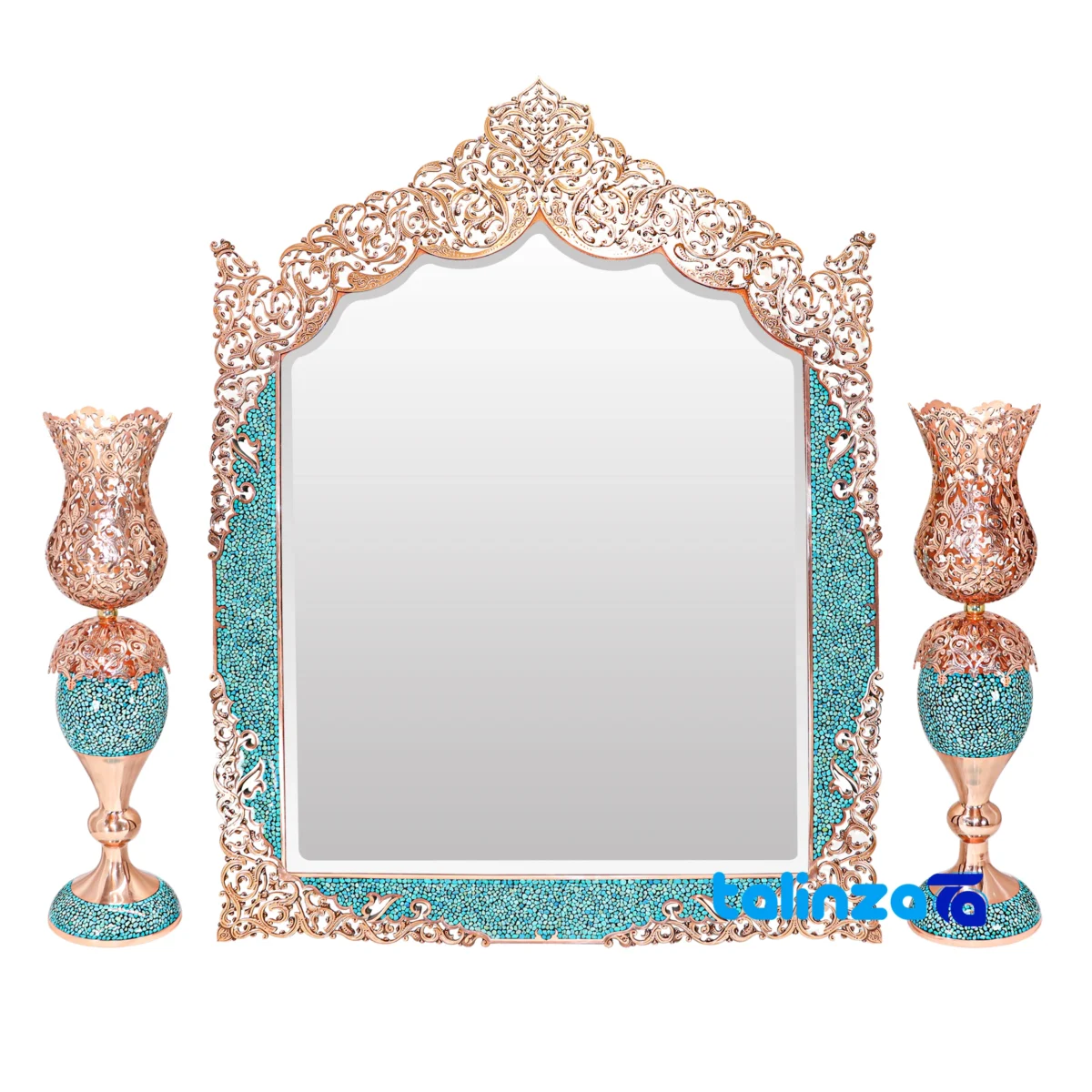 turquoise inlay mirror candle holder set - Front view design and key details