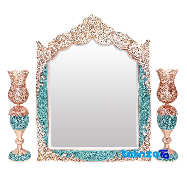 turquoise inlay mirror candle holder set - Front view design and key details