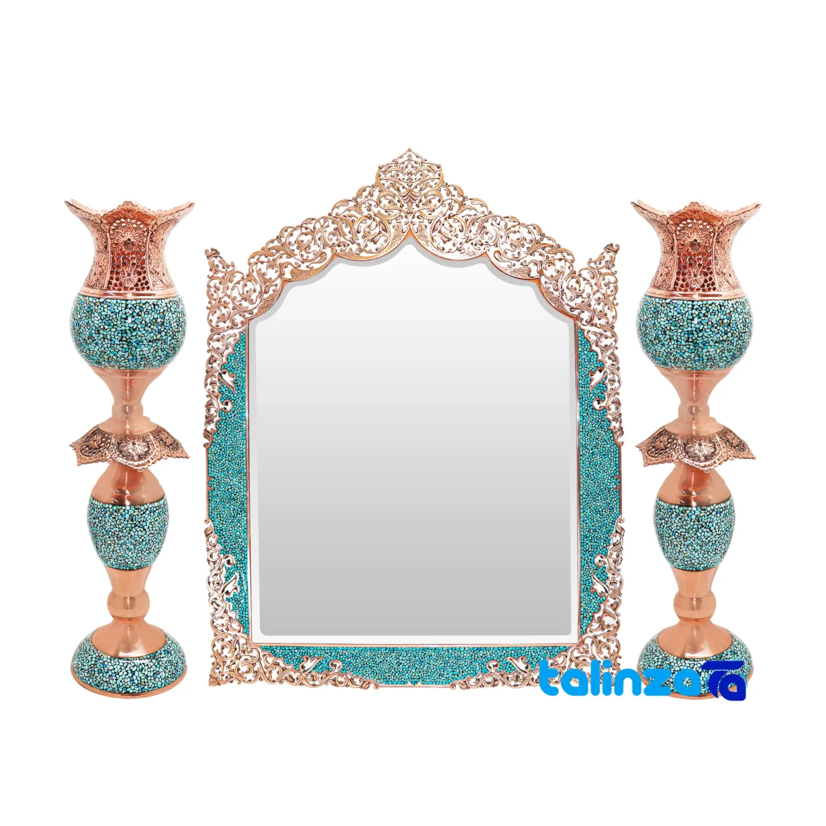 Turquoise Inlay Mirror Candlestick Set - Front view design and key details