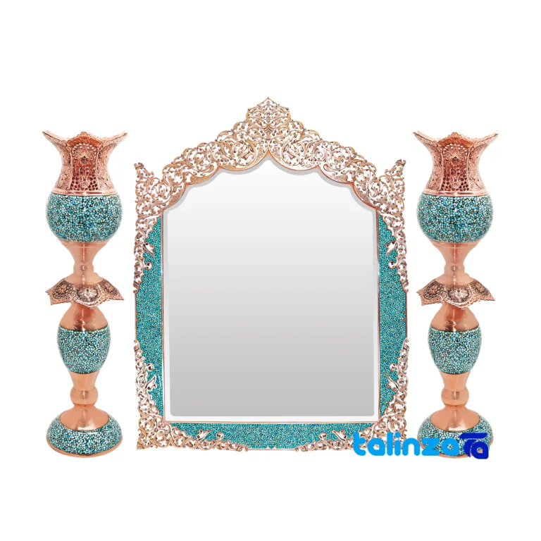 Turquoise Inlay Mirror Candlestick Set - Front view design and key details