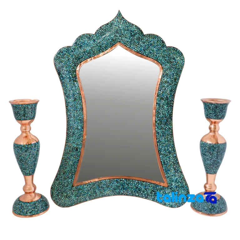 Turquoise inlaid mirror and candleholder set - Front view design key details