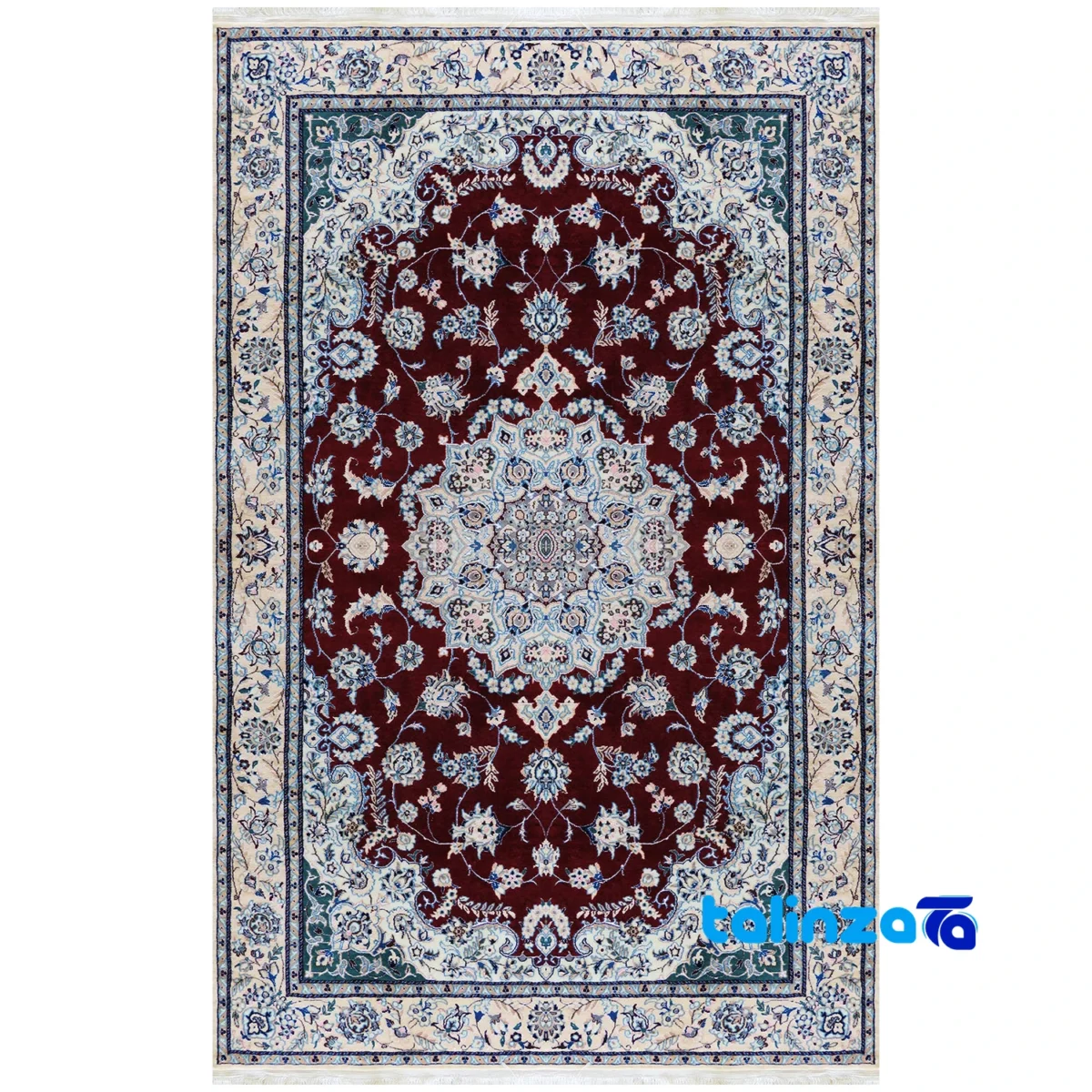 Top view of Nain Handwoven Carpet Latch and Medallion Design Red pattern color tone