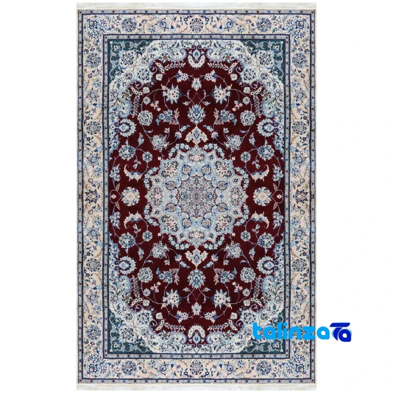 Top view of Nain Handwoven Carpet Latch and Medallion Design Red pattern color tone