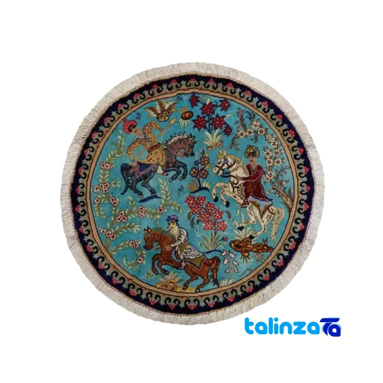 Top view of Handmade Carpet Underlay Hunting Design Blue pattern and color tone