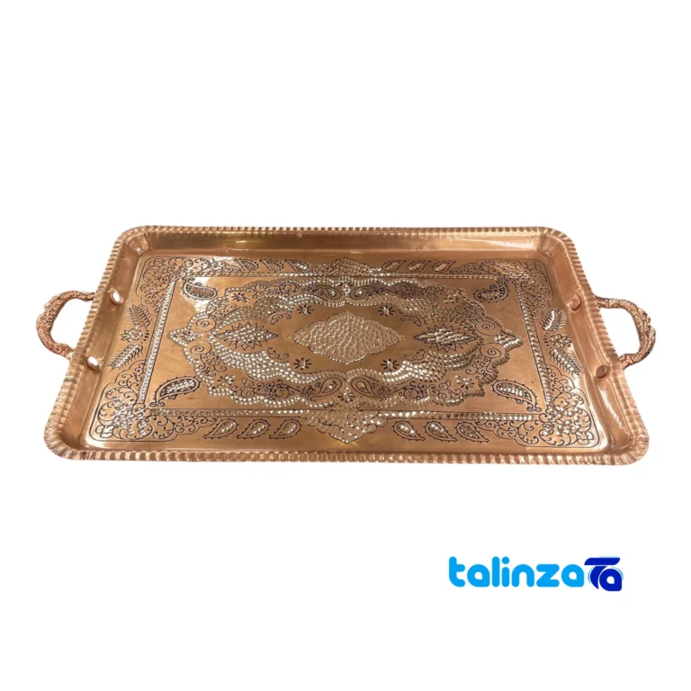 Front view of Zanjan Copper Tray with Diamond Cut Design and key details