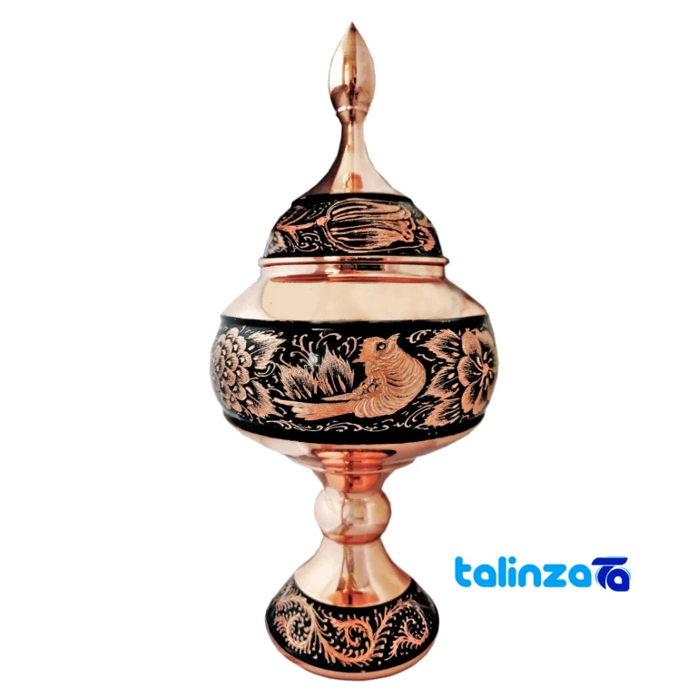 Front view of Handcrafted Copper Chocolate Bowl Diamond Cut Design saffron grade and packaging