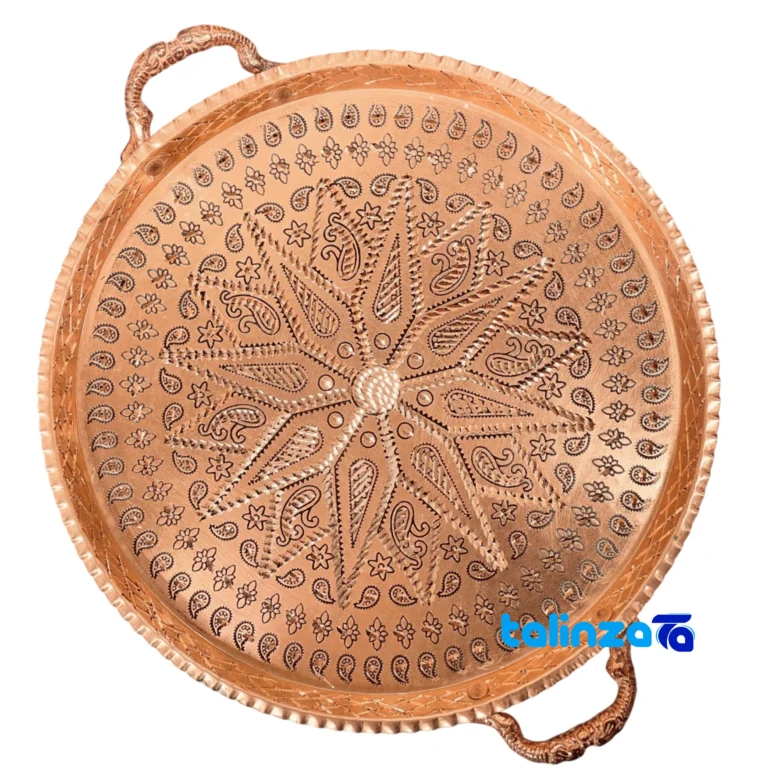 Artisan Copper Serving Tray - Diamond Cut Design and key details (Front view)