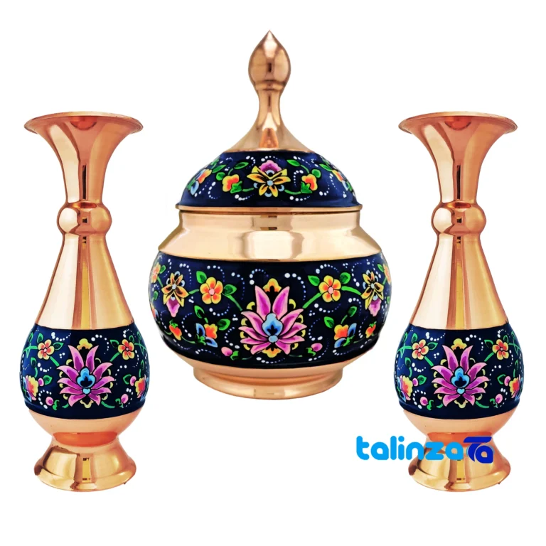 Pardaz Copper Decorative Set - 3 Piece Planter and Candy Dish - Front view showing design key details