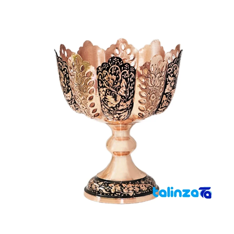 Front view of Negarstan Copper Nut Bowl Unique Diamond Cut design and key details