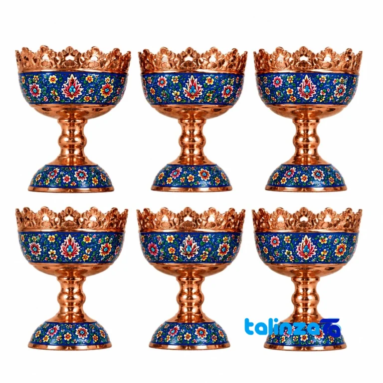 Agajani Copper Nut Bowl Engraved Set and Pardaz - Front view showing design key details