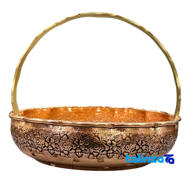 Copper Basket Dish with Handle - Elegant Design Hammered, Engraved and key details (Front view)
