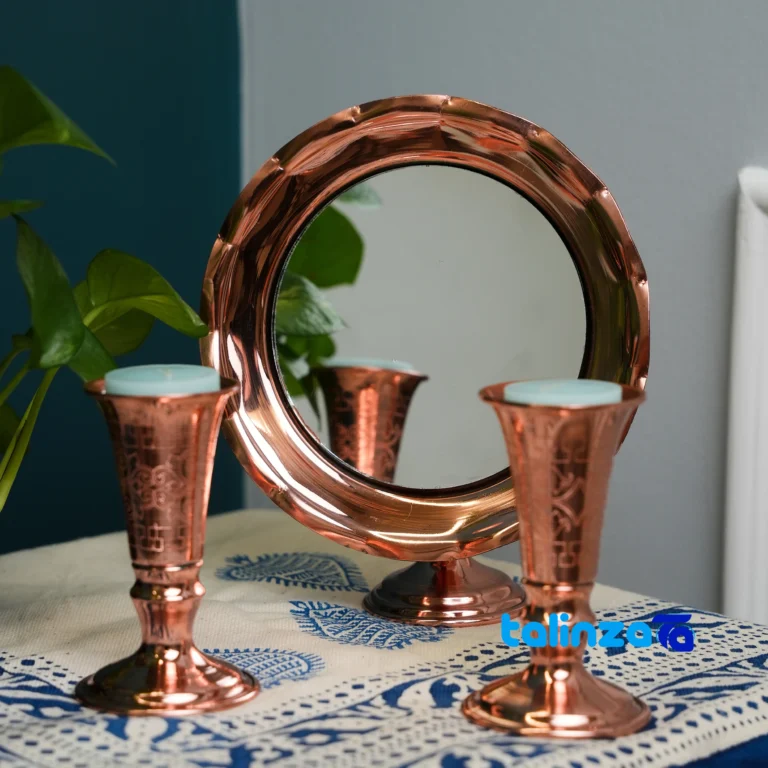 Zanjan Copper Candle Holder Handcrafted Design - Front view showing and key details
