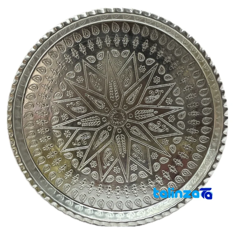 Zanjan Copper Serving Tray Round Set, Dish, - Front view showing design and key details