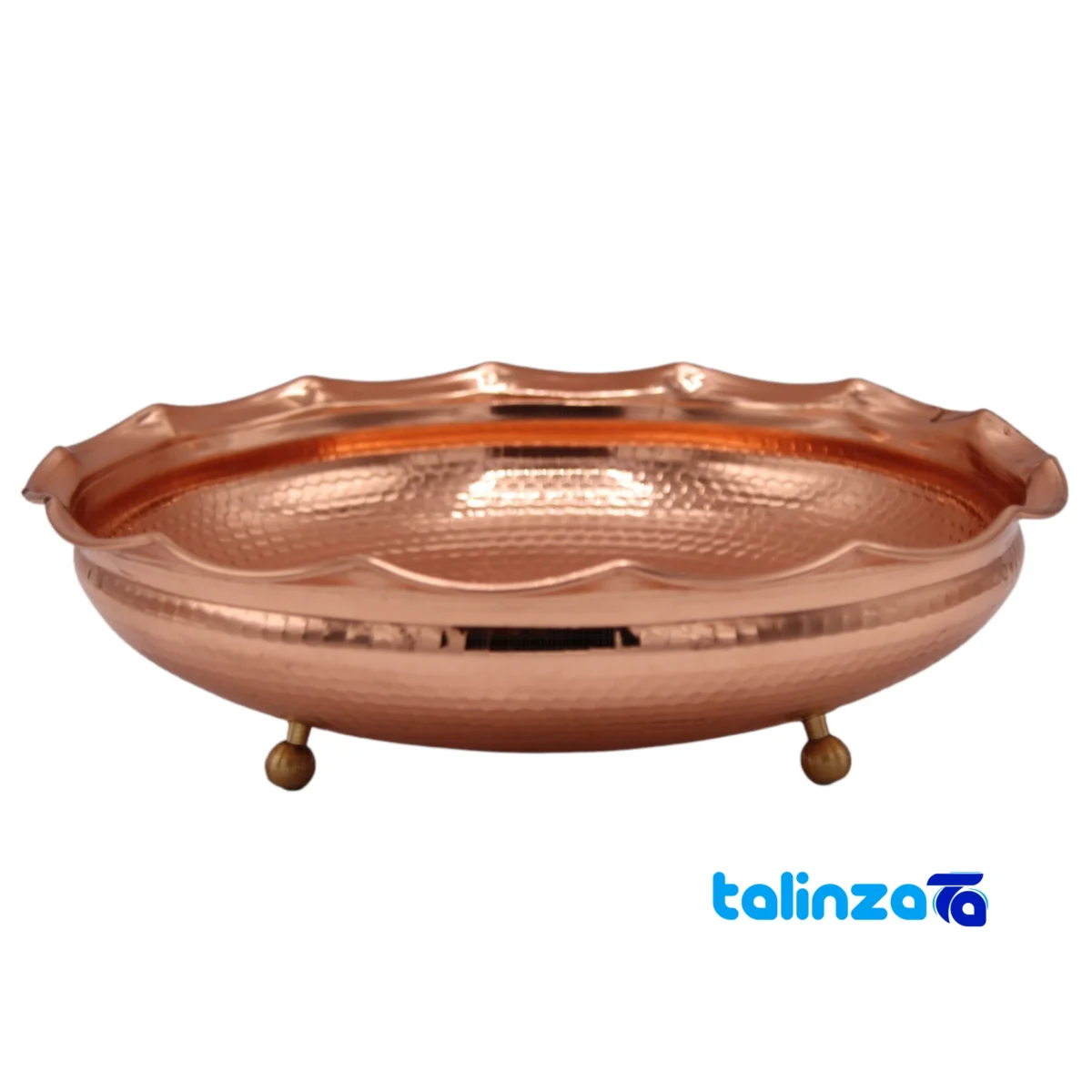 Front view of Copper Fruit Bowl Tripod Design and key details