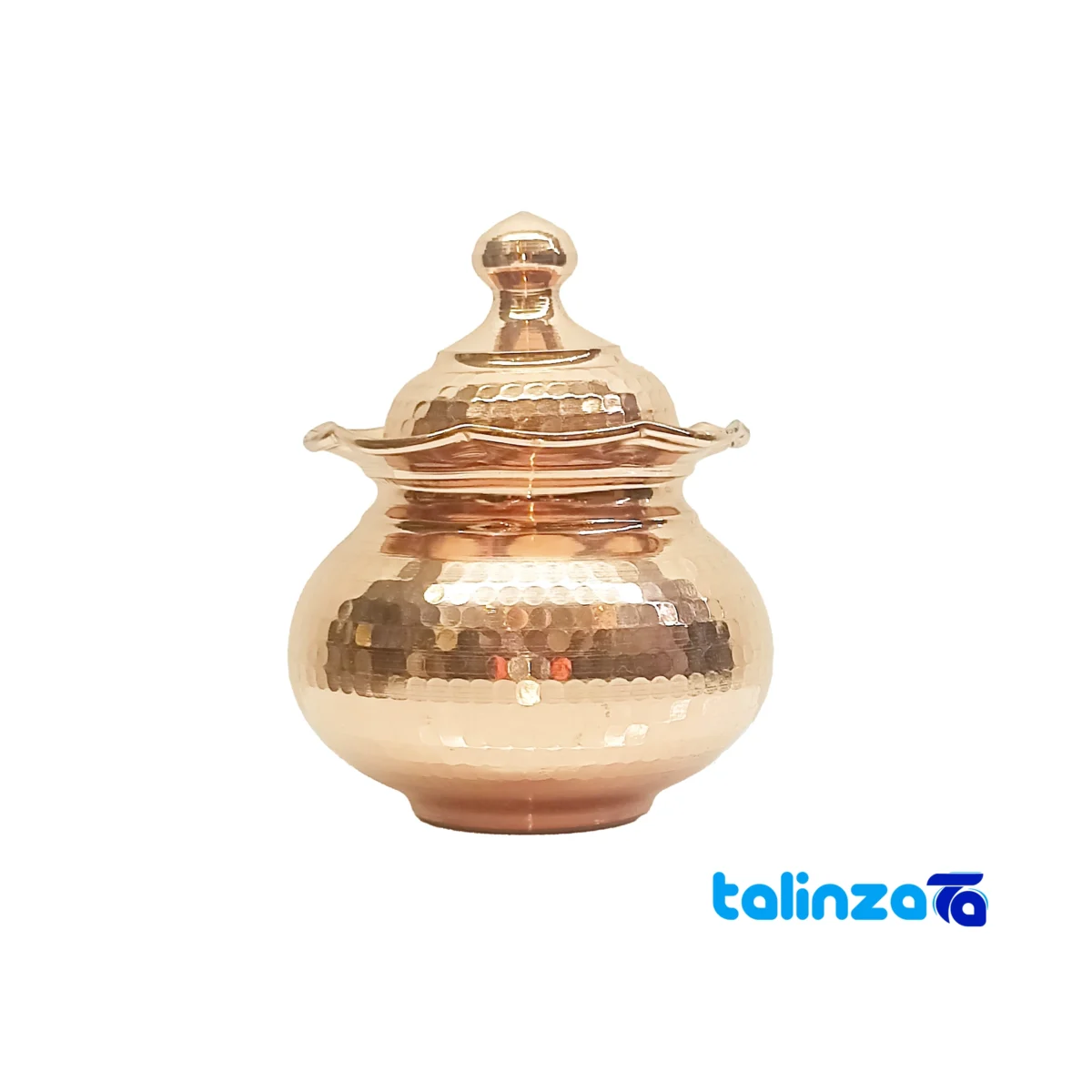 Parsian Copper Sugar Bowl Hammered Design and tin - Front view showing key details
