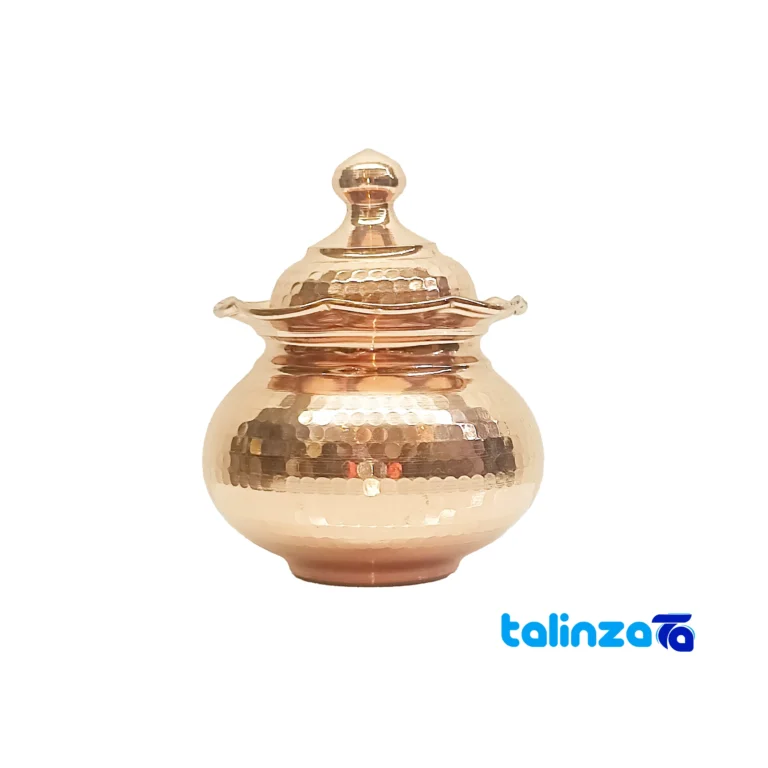 Parsian Copper Sugar Bowl Hammered Design and tin - Front view showing key details
