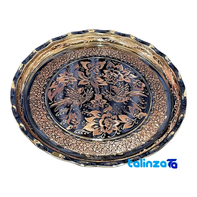 Isfahan Copper Tray Floral Design Handmade Decorative, and key details (Front view)