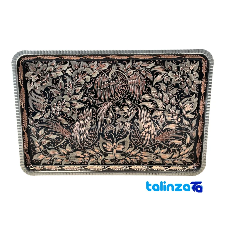 Zanjan Copper Tray Decorative Silver Inlay - Front view showing design and key details