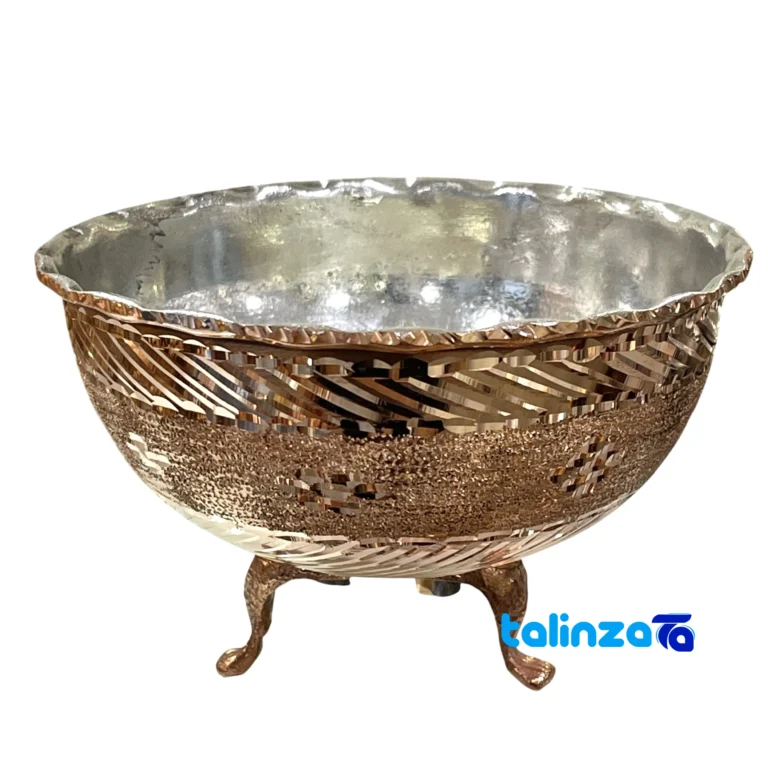 Isfahan Copper Bowl Three-Legged Unique Design - Front view showing saffron grade and packaging