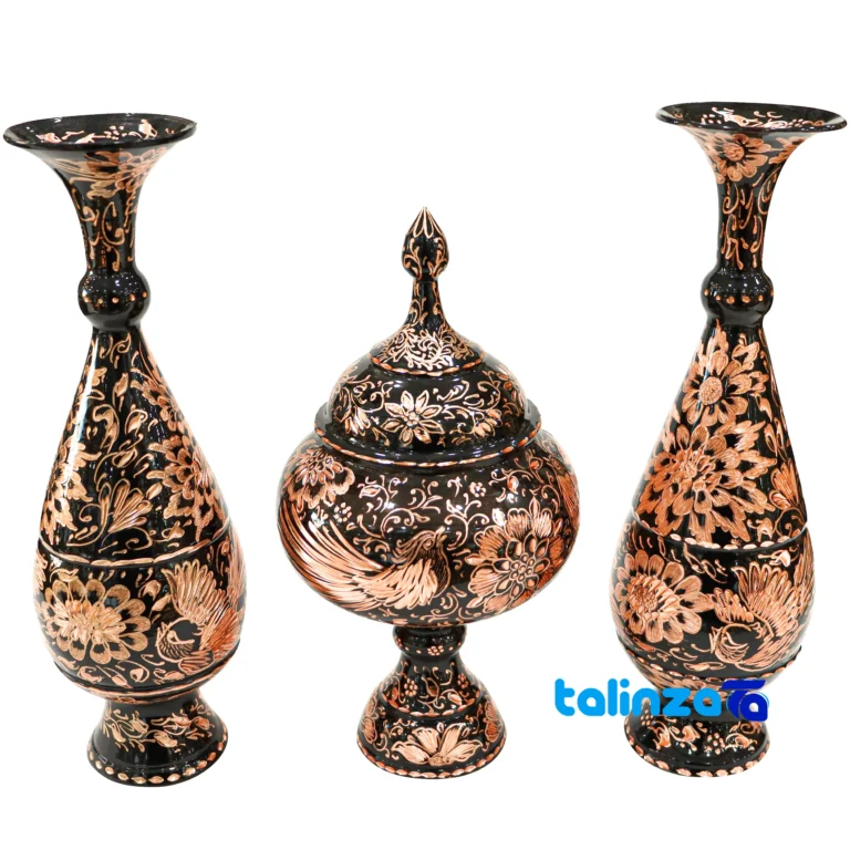Front view of Diamond Cut Copper Chocolate Bowl and Vase Set design key details
