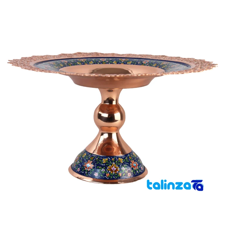 Front view of Pardaz Copper Candy Dish with hand-painted design and key details