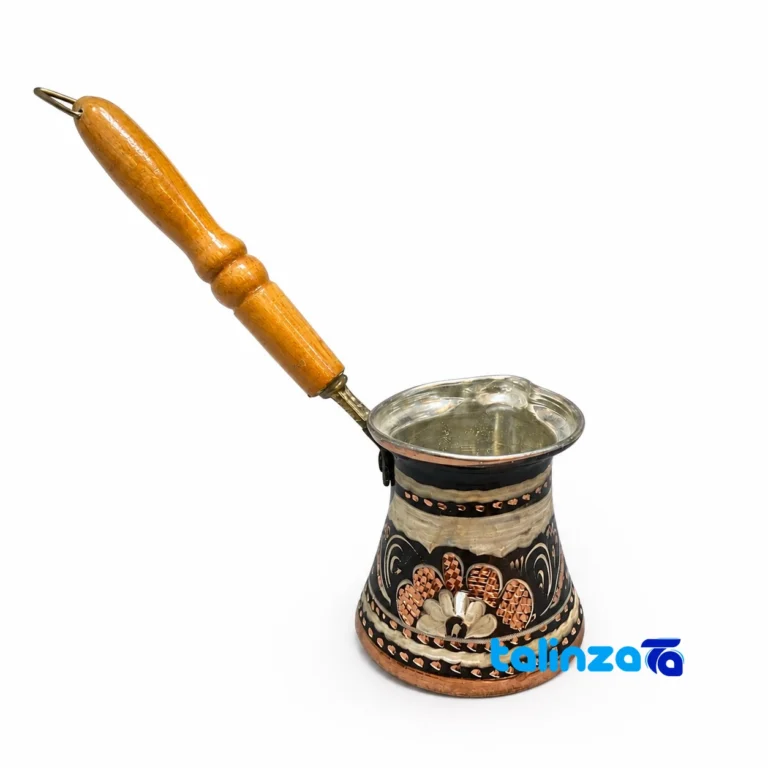 Diamond Engraved Copper Coffee Pot - Front view showing design and key details
