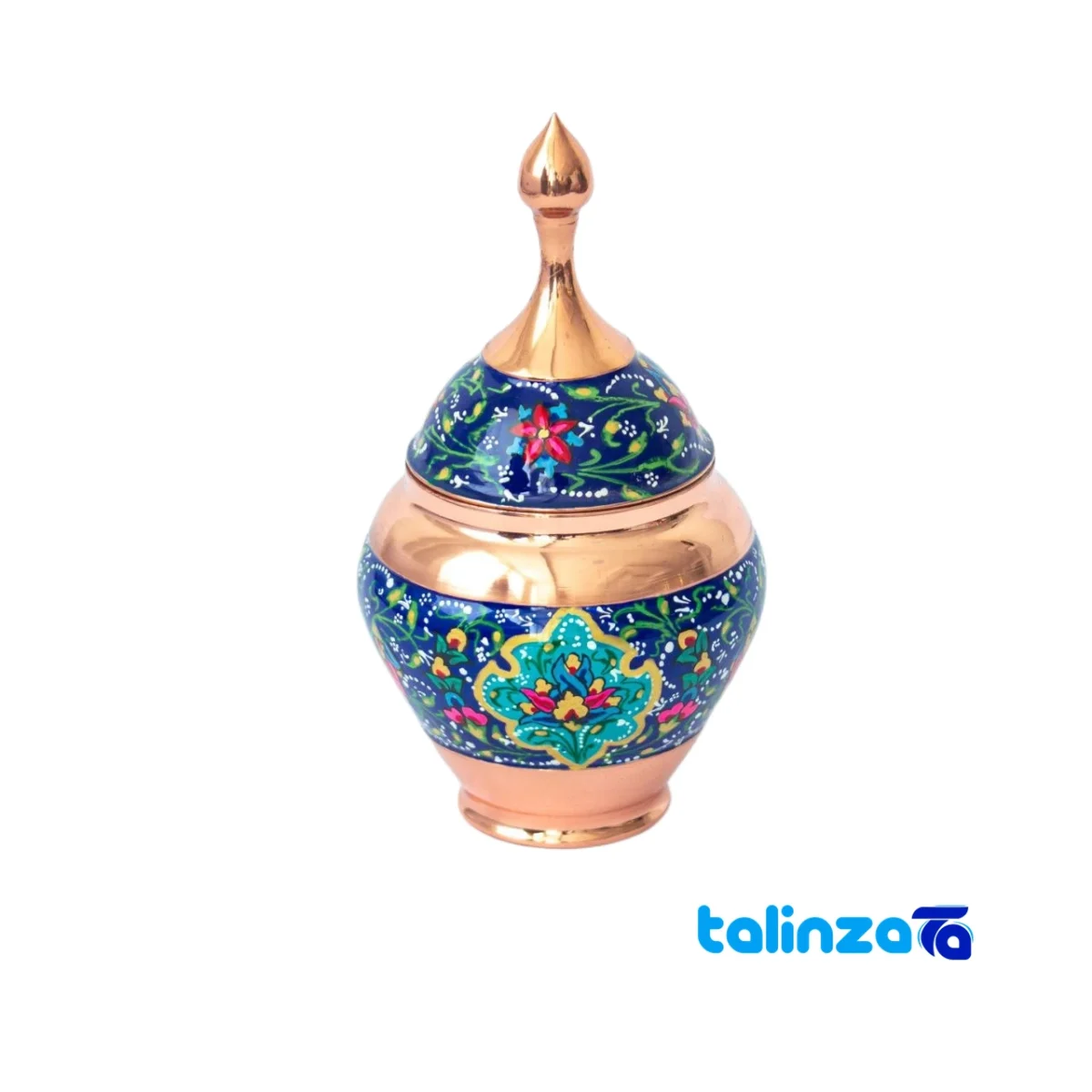 PS10 Copper Sugar Bowl with Artistic Design - Front view showing and key details