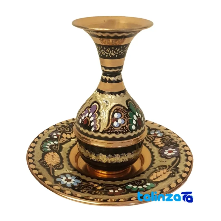 Front view of Naghli Copper Pot and Plate Set Decorative Mina-kari design key details