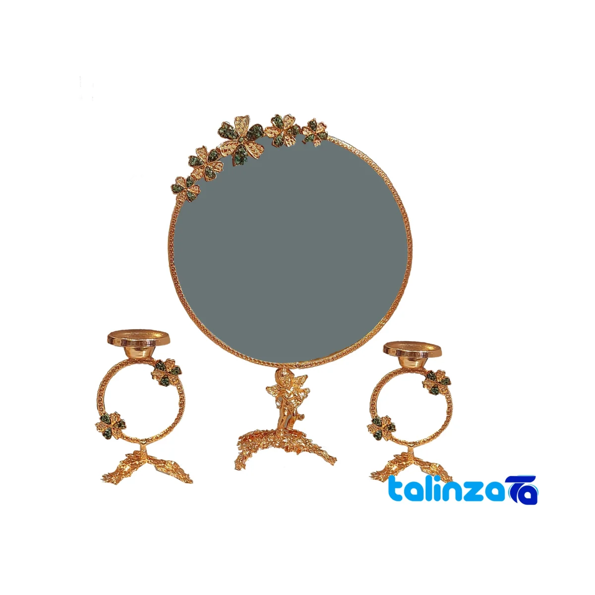 Turquoise Mosaic Copper Mirror and Candle Holder Set design key details (Front view)