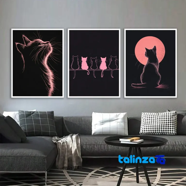 Front view of W-MR-1060 Modern Minimal Cat Wall Art Set design and key details