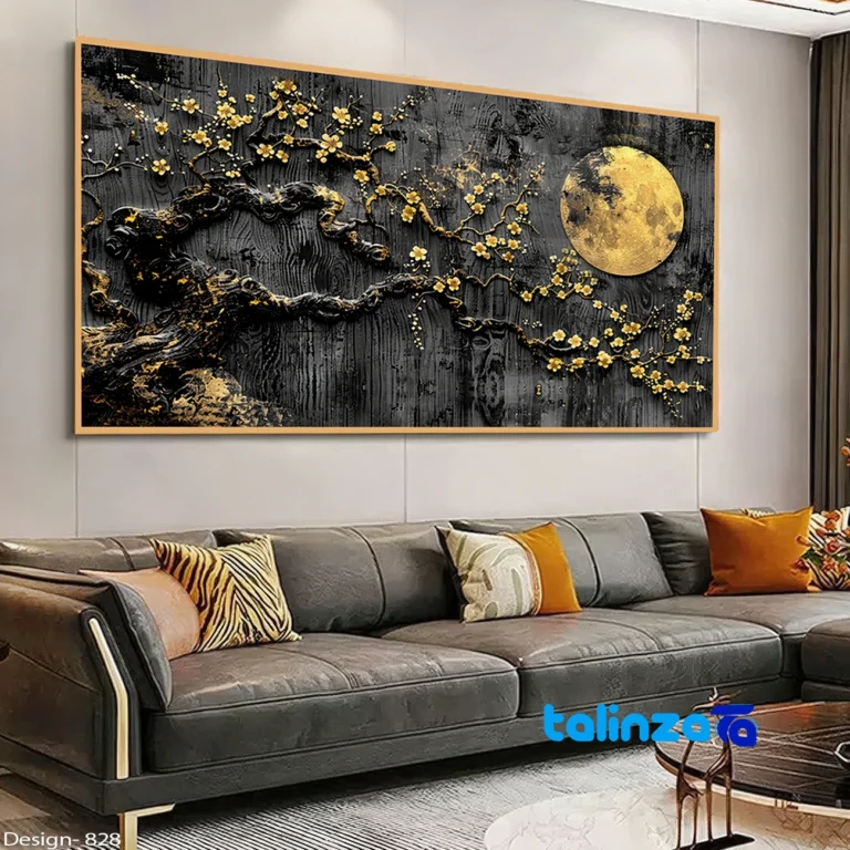 Modern Decorative Tree Artwork Gold Frame design and key details (Front view)