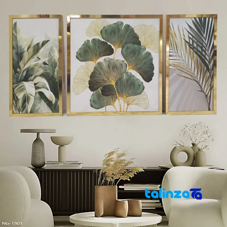 Front view of Modern Decorative Wall Art Set 1501 Gold Mirror Frame design and key details