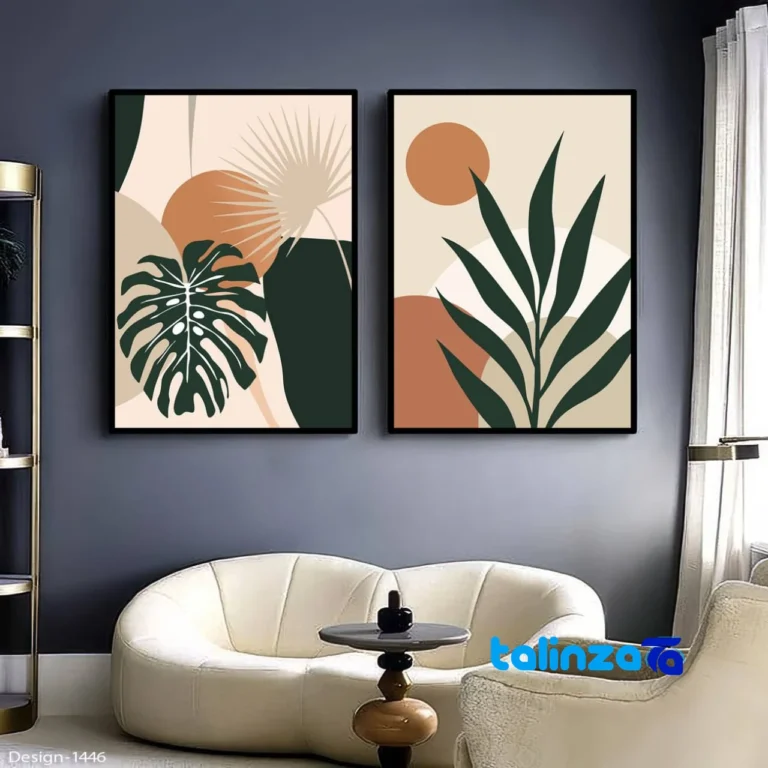 Front view of Modern Decorative Wall Art Set - Circle and Leaf Design key details