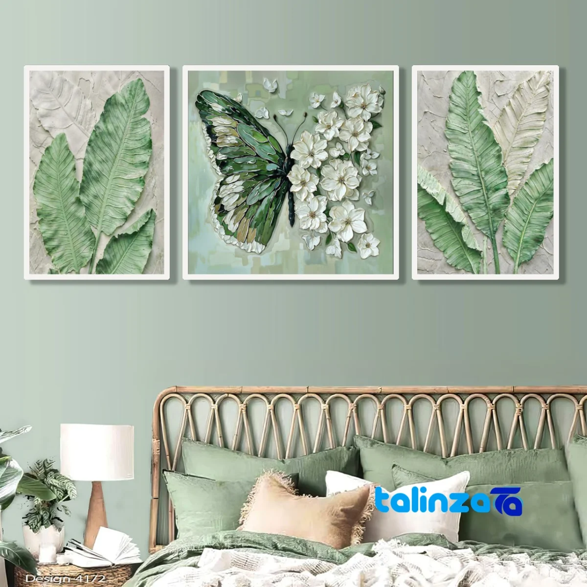 Modern Decorative Butterfly and Leaf Wall Art Set - Front view showing design key details