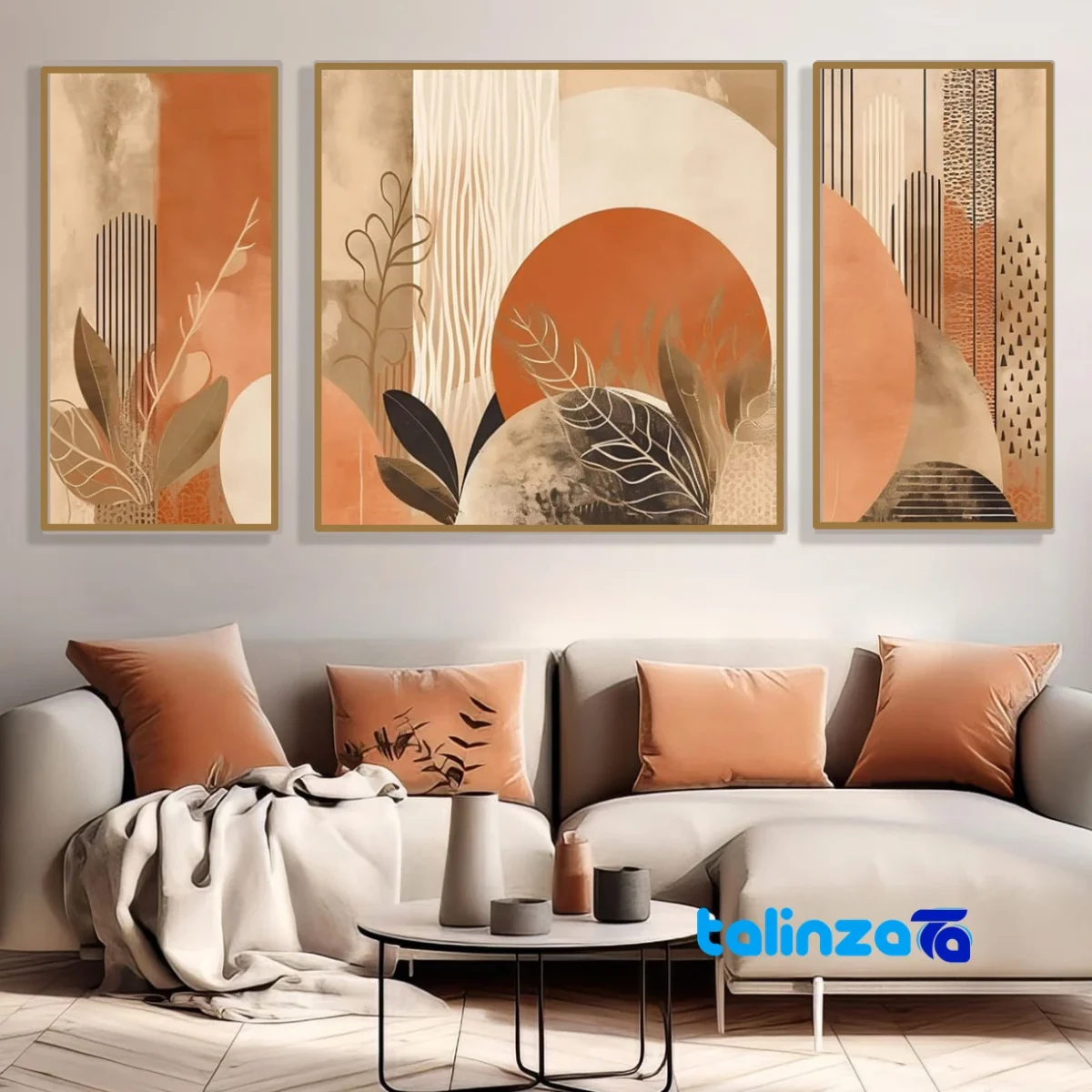 Front view of Minimalist Leaf and Circle Art Set - Golden Frame design key details