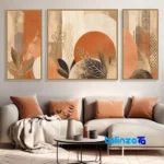 Front view of Minimalist Leaf and Circle Art Set - Golden Frame design key details
