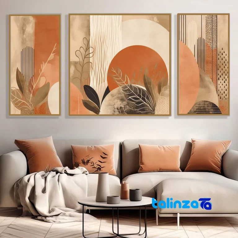 Front view of Minimalist Leaf and Circle Art Set - Golden Frame design key details