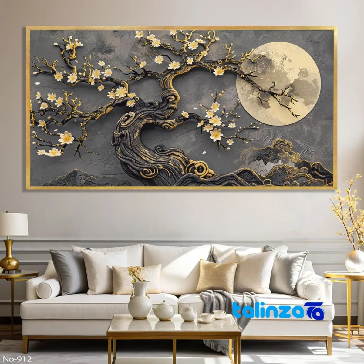 Decorative Nature Art Print One Tree and Moon Gold Frame - Front view showing design key details