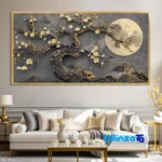 Decorative Nature Art Print One Tree and Moon Gold Frame - Front view showing design key details