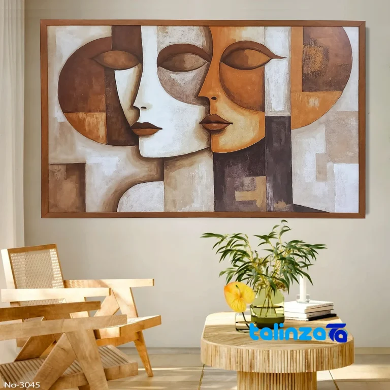 Modern Decorative Face Art Print Brown Frame design and key details (Front view)