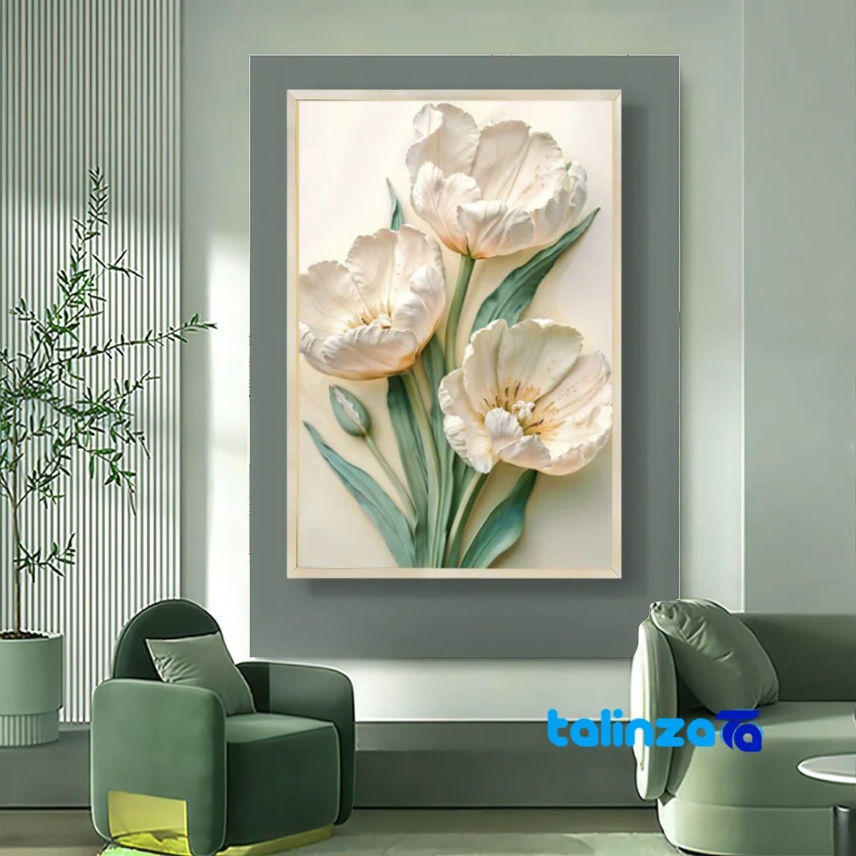 Front view of Decorative Art Panel Tulip Design White Frame and key details