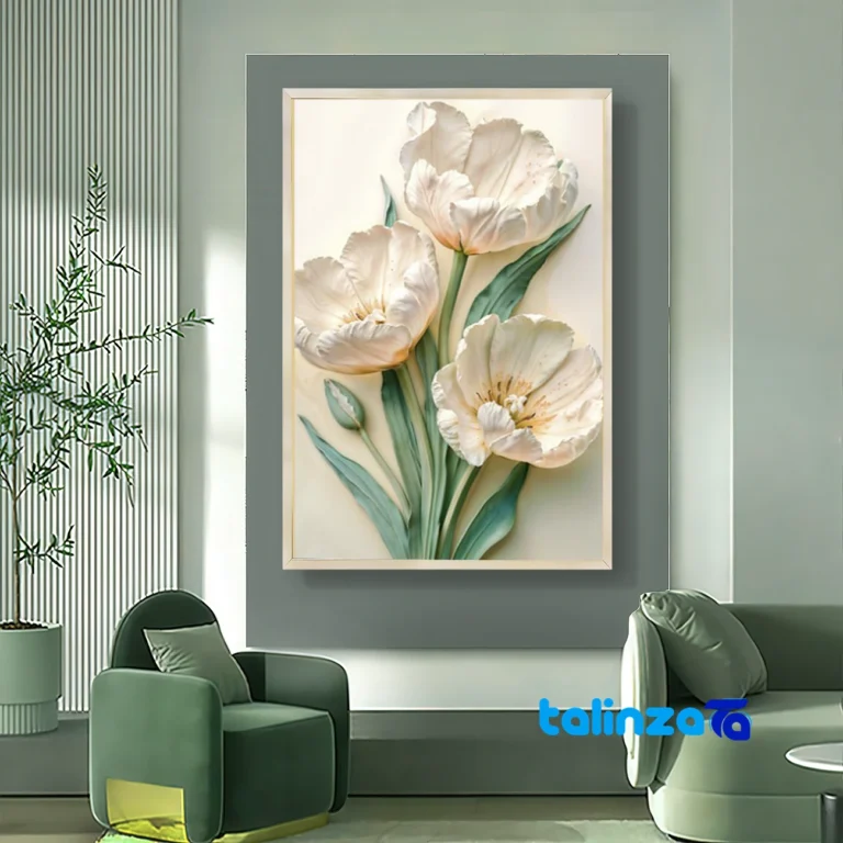 Front view of Decorative Art Panel Tulip Design White Frame and key details