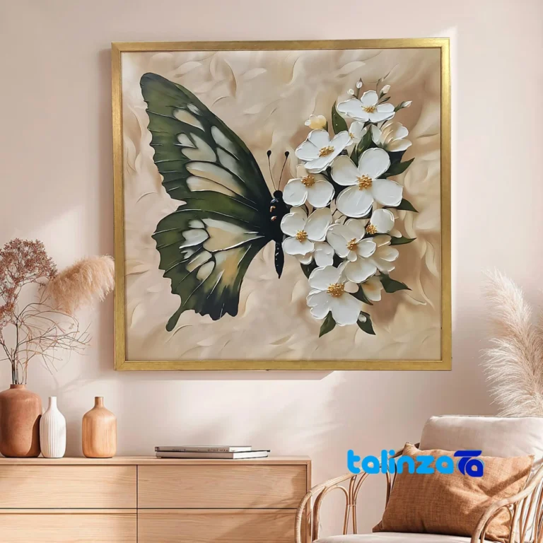 Front view of Decorative Art Panel Floral Butterfly Design Gold Frame and key details