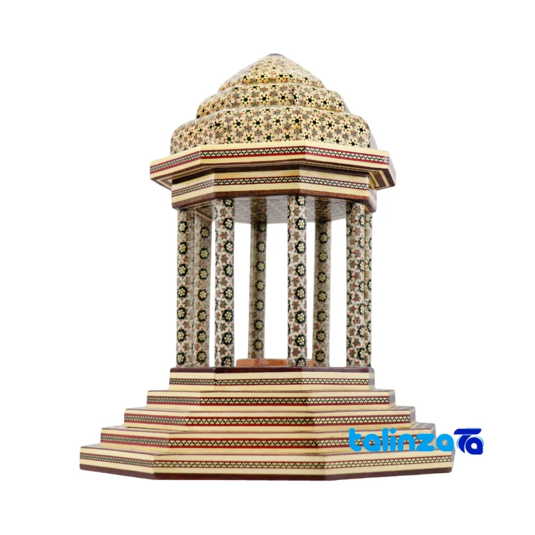 Faraz Honar Inlaid Wood Sculpture - Hafez Tomb Model - Front view showing design and key details