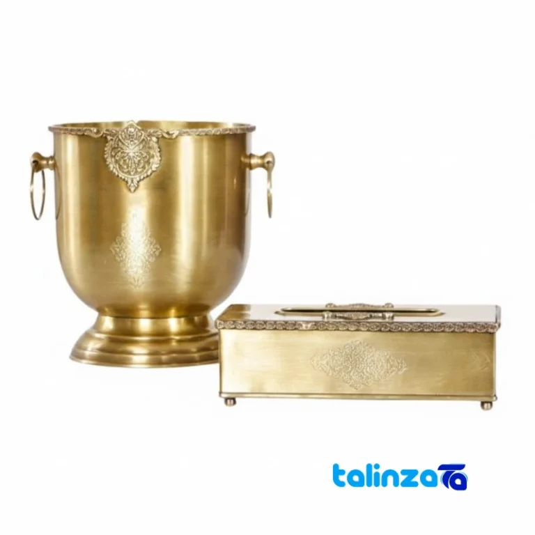 Brass Tissue Box and Waste Bin Set - Front view saffron grade packaging