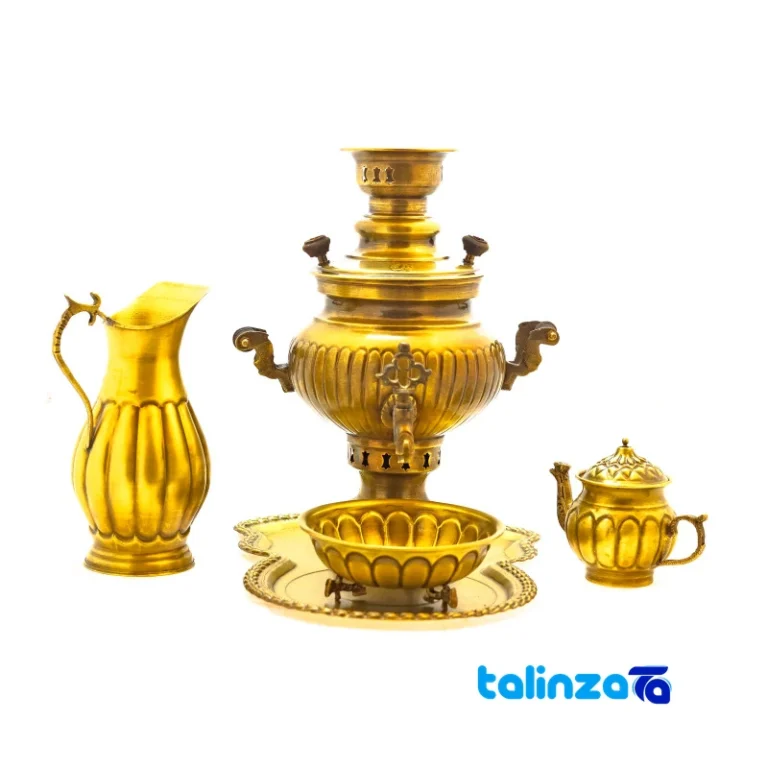 H-1267 Brass Charcoal Samovar Set Decorative 5-Piece design and key details (Front view)